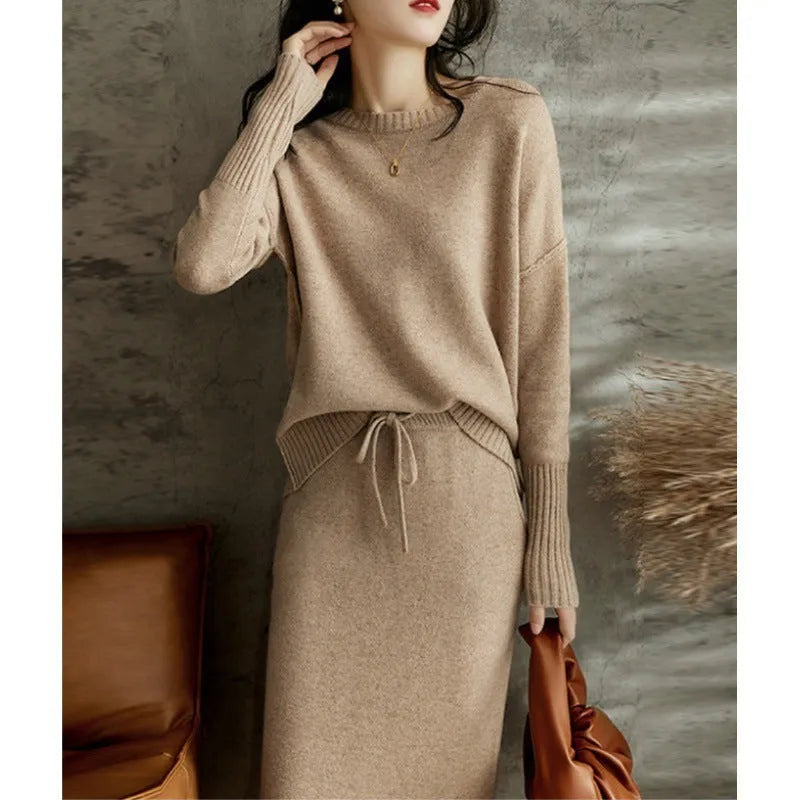 Women's knitted two-piece set with long-sleeve top and mid-length skirt in contrast colour tie-dye pattern, coffee and khaki options
