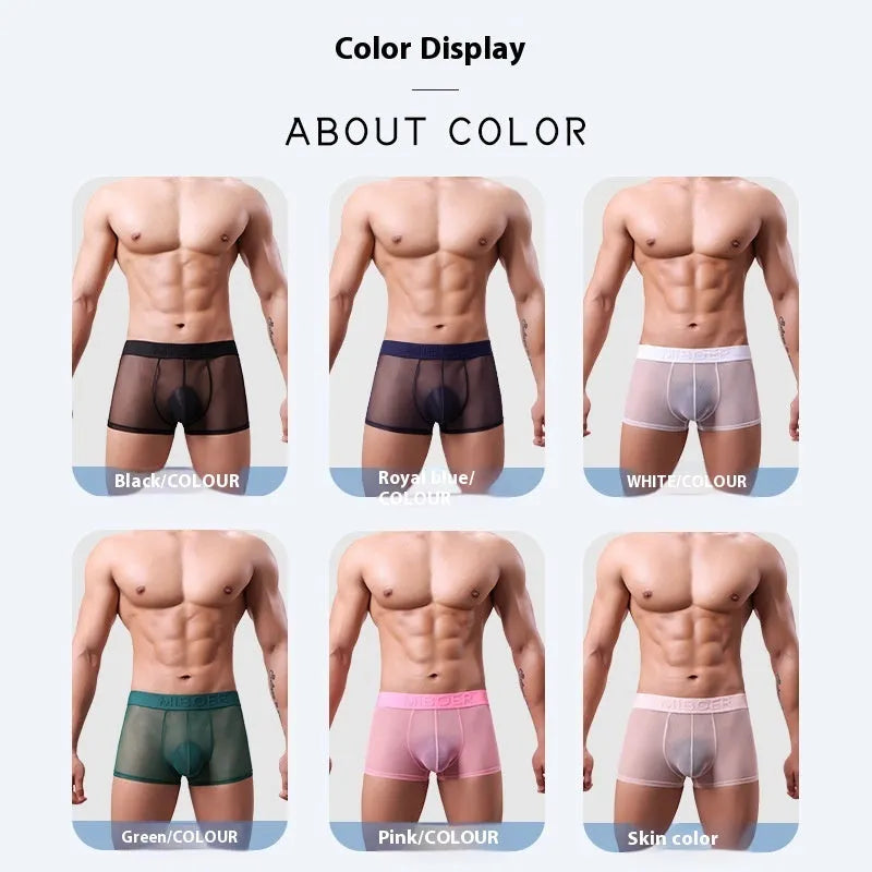 Men's thin quick-drying boxers in multiple colours on a size chart