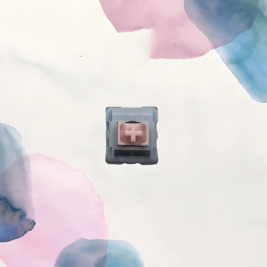 Four mechanical keyboard switches with small window design and dew axis colouration showing internal components