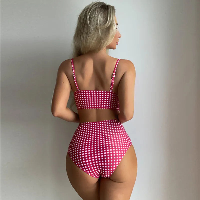 Women's high-waisted plaid bikini swimsuit with split sides in rose red, shown as a top and brief set.