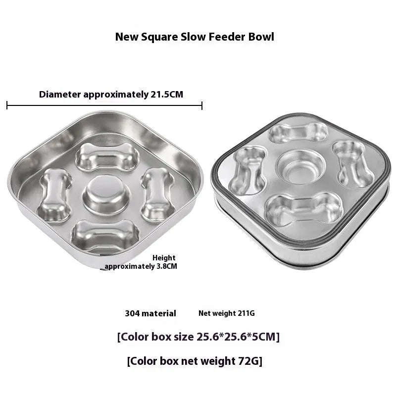 Square stainless steel slow feeding pet bowl for dogs and cats with bone square design on a plain background.