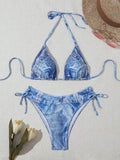 Denim blue women's bikini set with printed straps and triangle top design