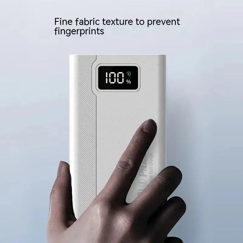 Large capacity power bank in black plastic shell showing front view with dimensions 150 x 76 mm