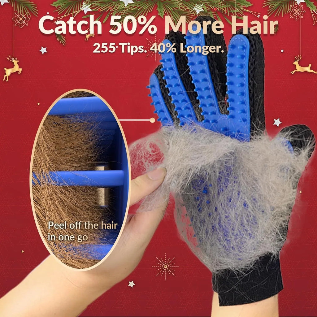 Blue pet grooming gloves with silicone tips for gentle hair removal during brushing and washing