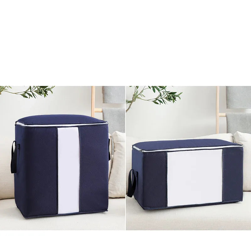 Beige non-woven fabric storage bag with zippered seal and carry handles for quilt and clothing organisation.