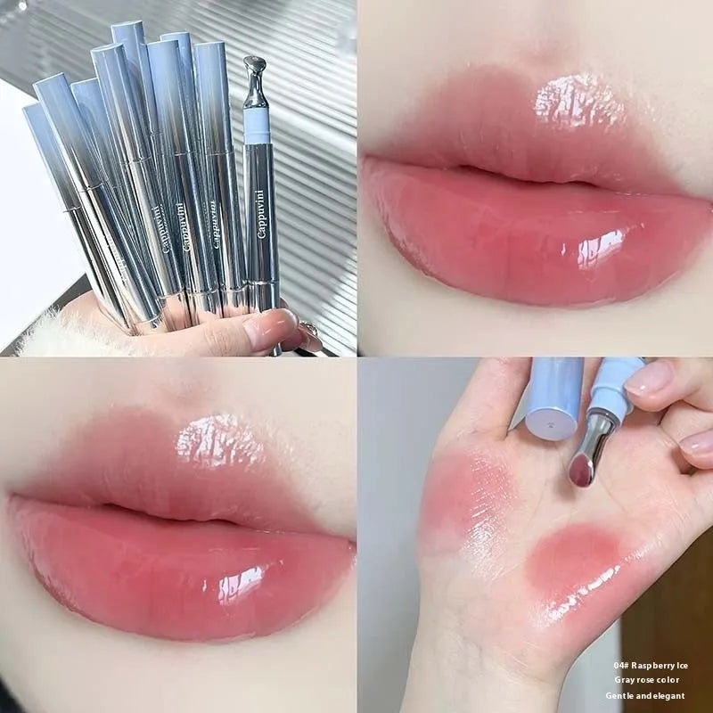 Mirror water light lip gloss tube showing six ice-tone colour options including almond ice and raspberry ice