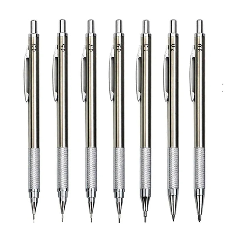 A metal automatic mechanical pencil with multiple lead size options including 0.5mm, 0.7mm, 0.9mm, 1.3mm, and 2.0mm.
