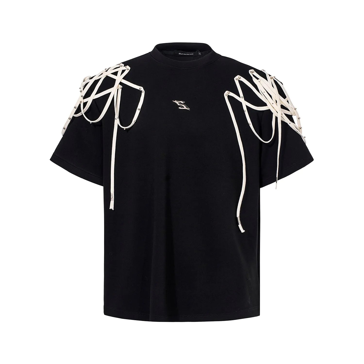 Black loose-fit short-sleeved t-shirt showing padded shoulder detail with rivet ribbon.