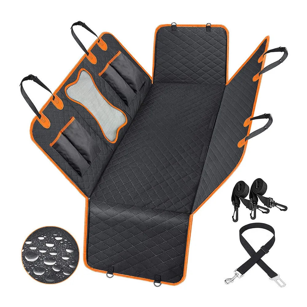 Black waterproof pet car seat cover with orange edging, shown as a hammock with mesh window