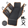Black waterproof pet car seat cover with orange edging, shown as a hammock with mesh window