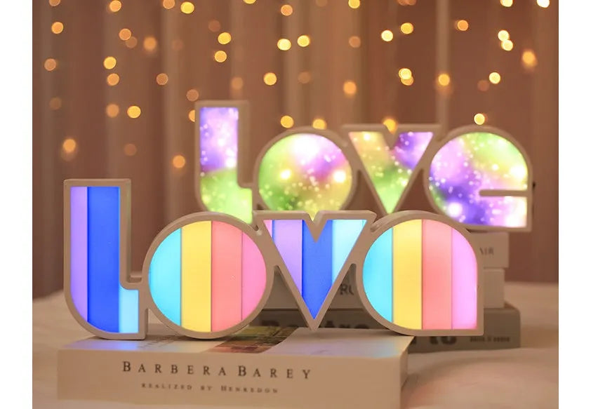 LED LOVE light with rainbow style lampshade measuring 35.5x13.5cm for decorative room and event lighting