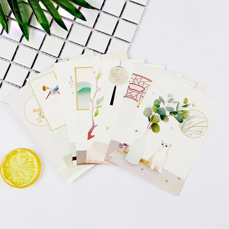 Nine Japanese-style minimalist postcards with retro Paris tower and historic site cartoon designs