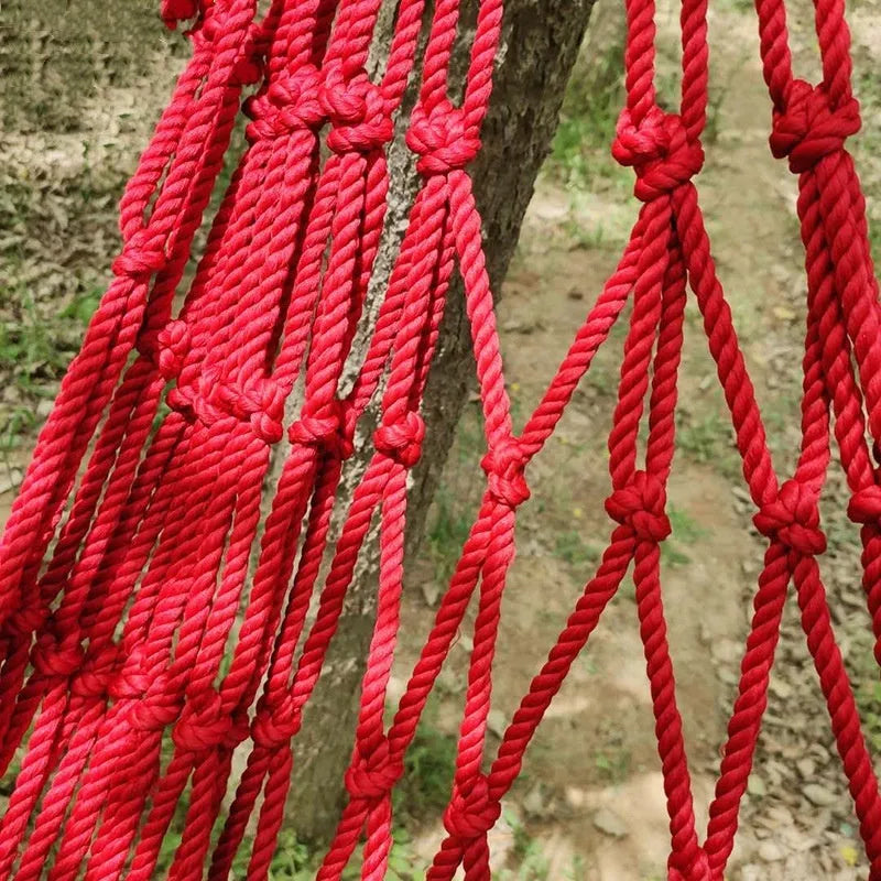Outdoor nylon rope mesh hammock with tying materials