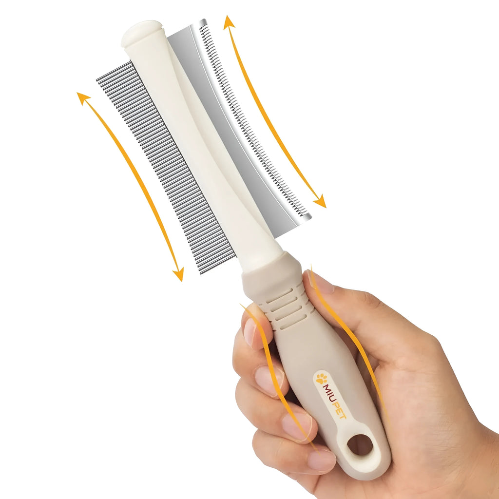 White 2-in-1 pet brush with a double-sided head and ergonomic anti-slip handle.