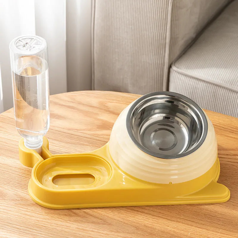 Elevated brown plastic cat food bowl with attached water bottle dispenser