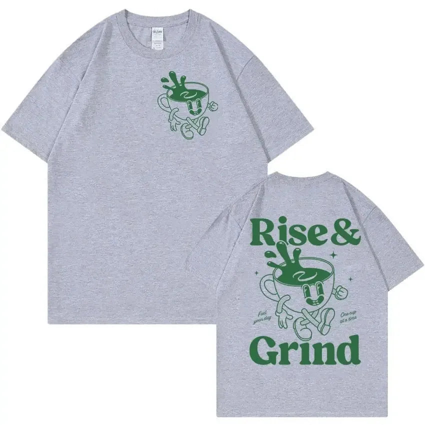Men's loose fit linen blend T-shirt with green coffee cartoon print, shown in black.