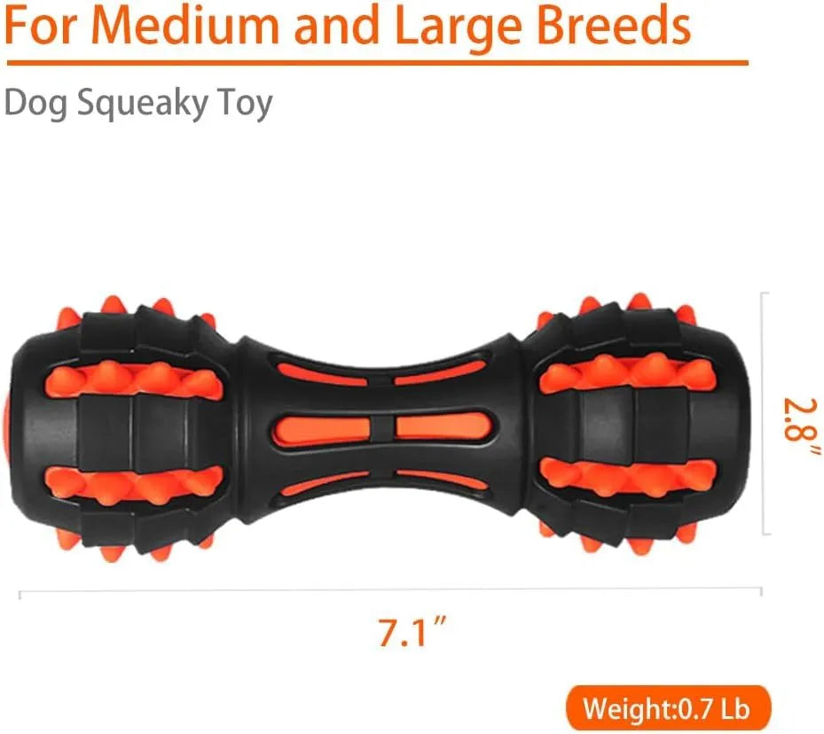 Red dumbbell-shaped durable rubber dog chew toy for medium and large breeds on a white background.