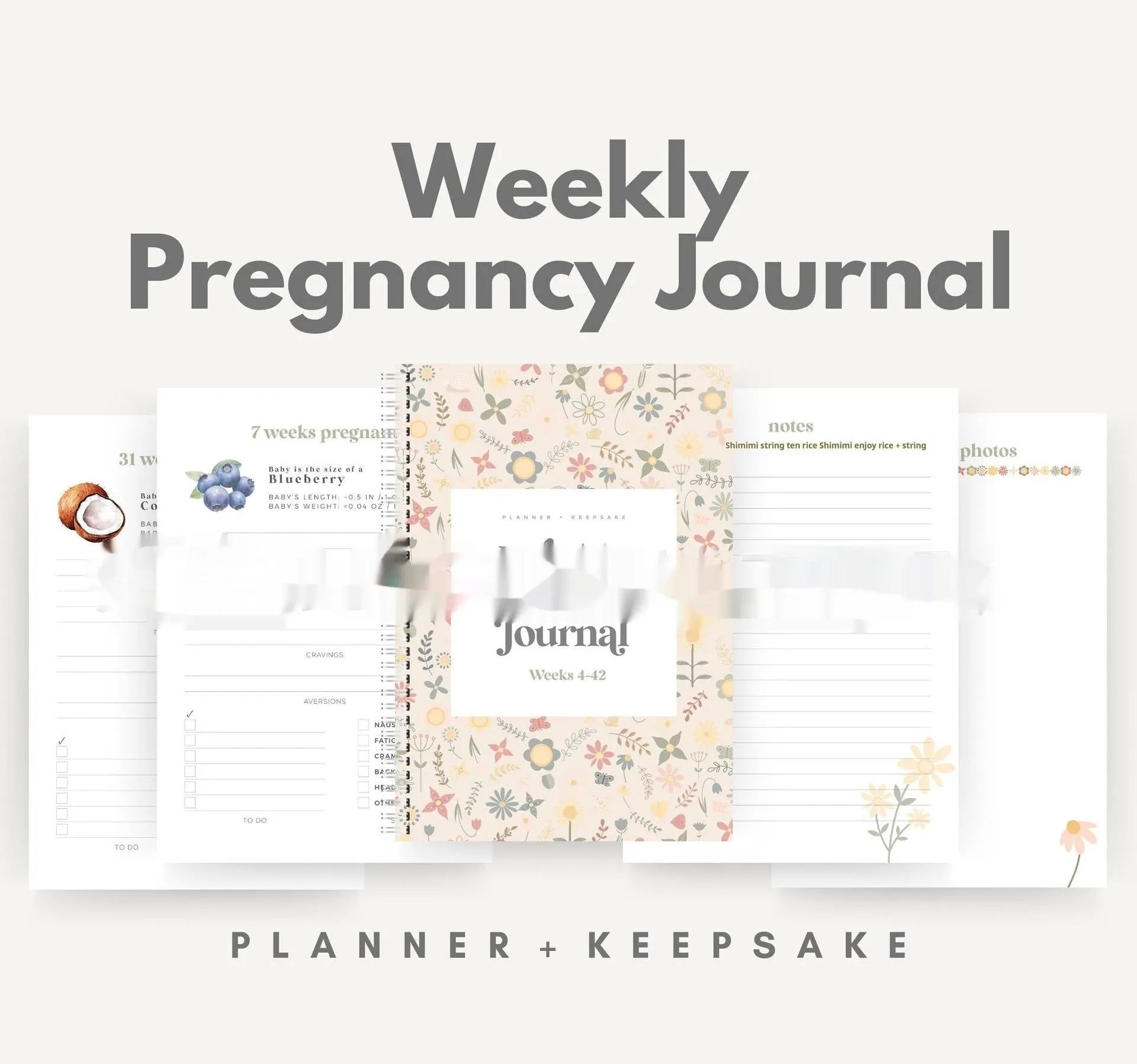 A5 pregnancy diary notebook open to weekly pregnancy tracking pages