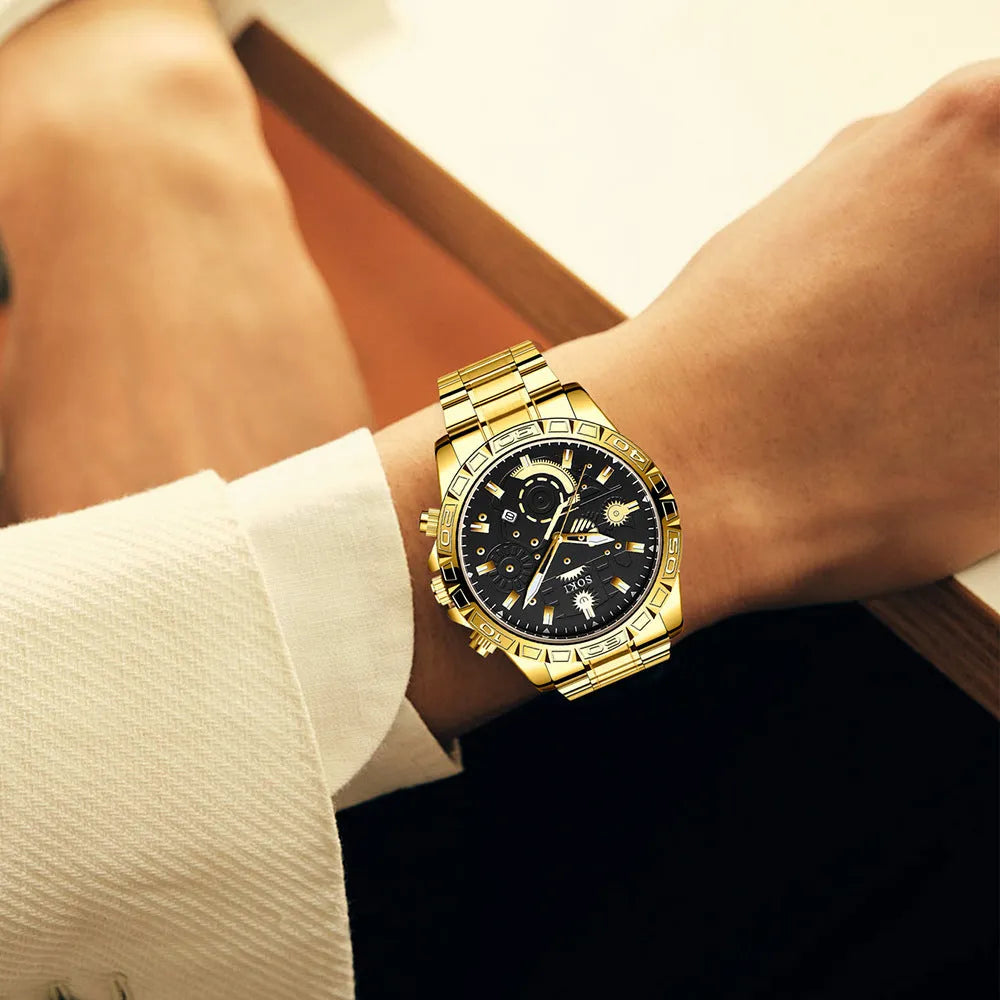Gold men's business calendar quartz watch with stainless steel bracelet and single folding buckle