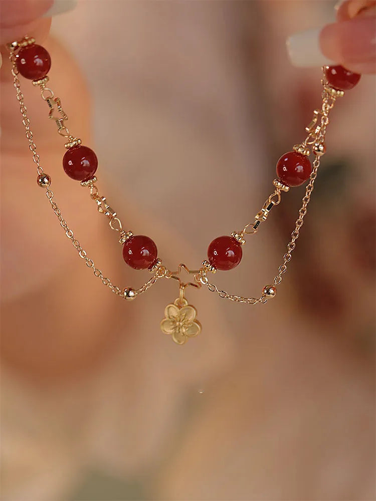 Natural red agate double layer bracelet with floral peach blossom design for women