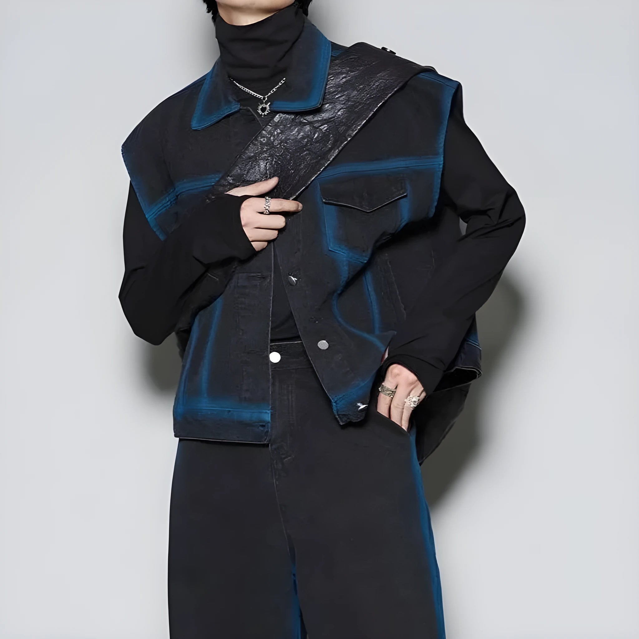 Blue distressed denim vest and jeans two-piece set with spray colour gradient finish and fleece lining