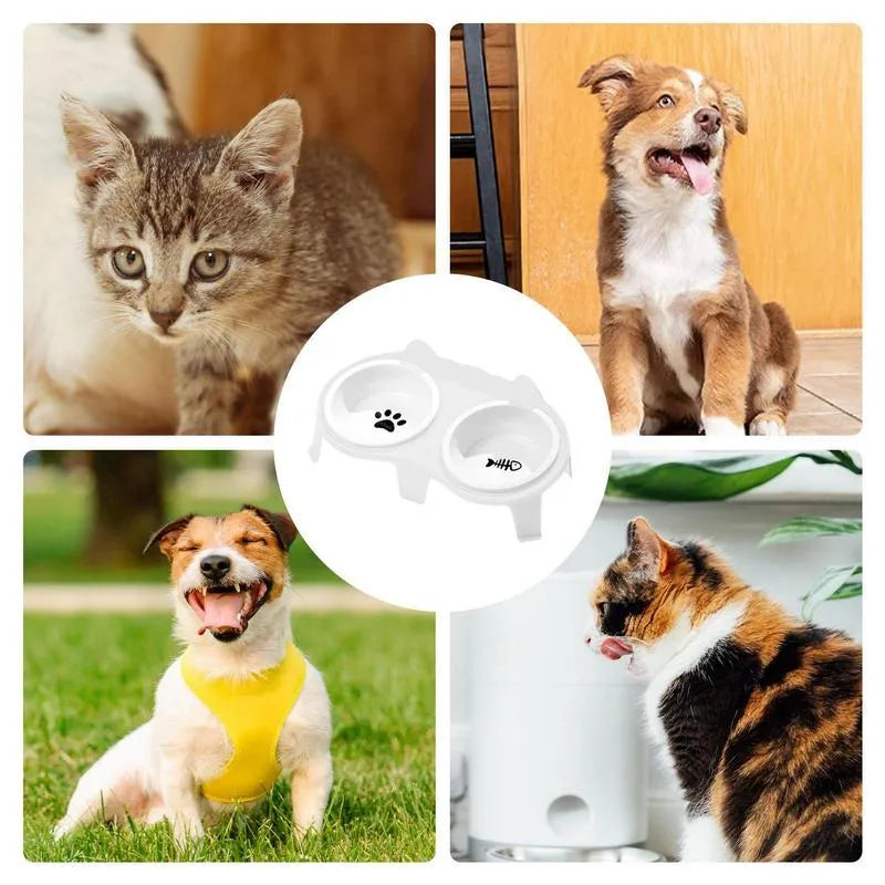 Ceramic cat food and water bowl set with elevated tilted stand in choice of colours