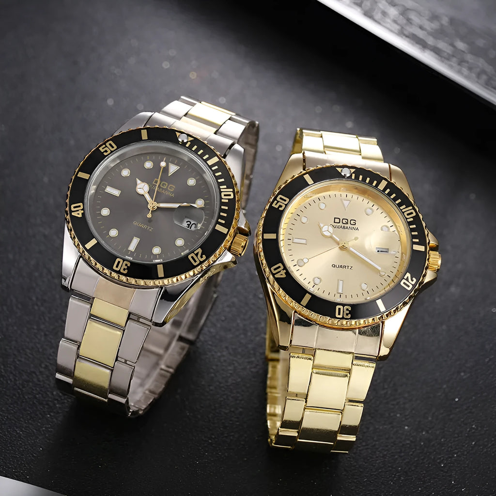 Men's quartz watch with calendar display, 40mm round dial, stainless steel strap, gold and black colour options