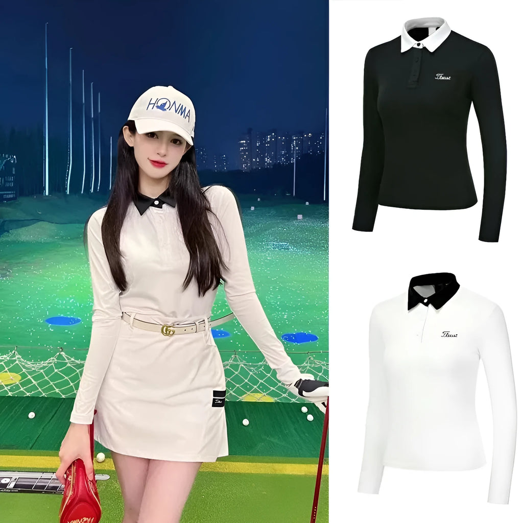 Women's white long sleeve polyester golf top with slim sportswear fit for outdoor activities
