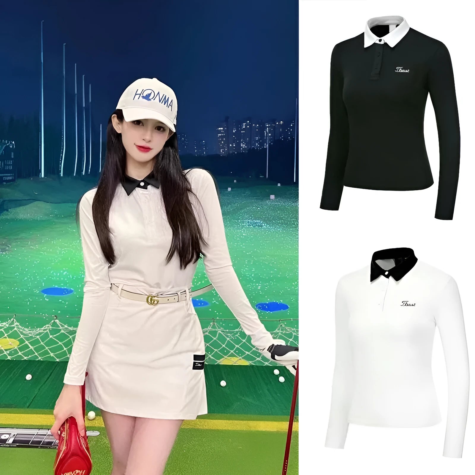 Women's white long sleeve polyester golf top with slim sportswear fit for outdoor activities
