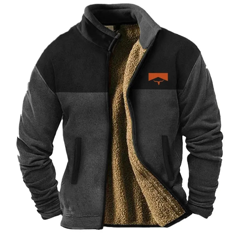 Men's green fleece-padded polyester coat on a hanger, regular fit.