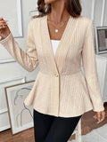 Women's apricot coloured knitted cardigan with one button and a textured Jacquard pattern