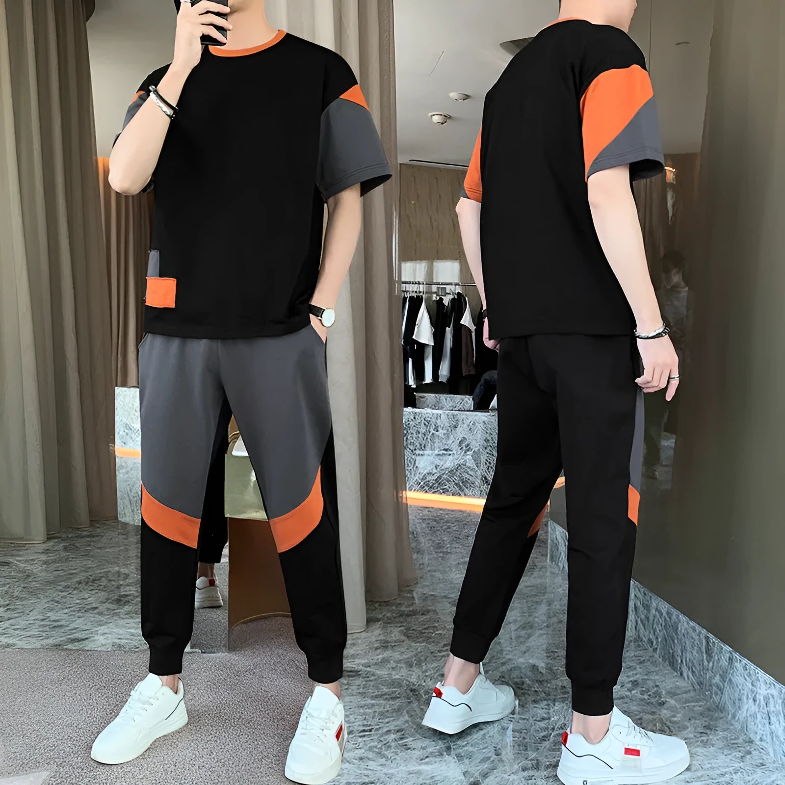 Men's cotton short-sleeved T-shirt with colour-block design in black and khaki, sizes M to 4XL