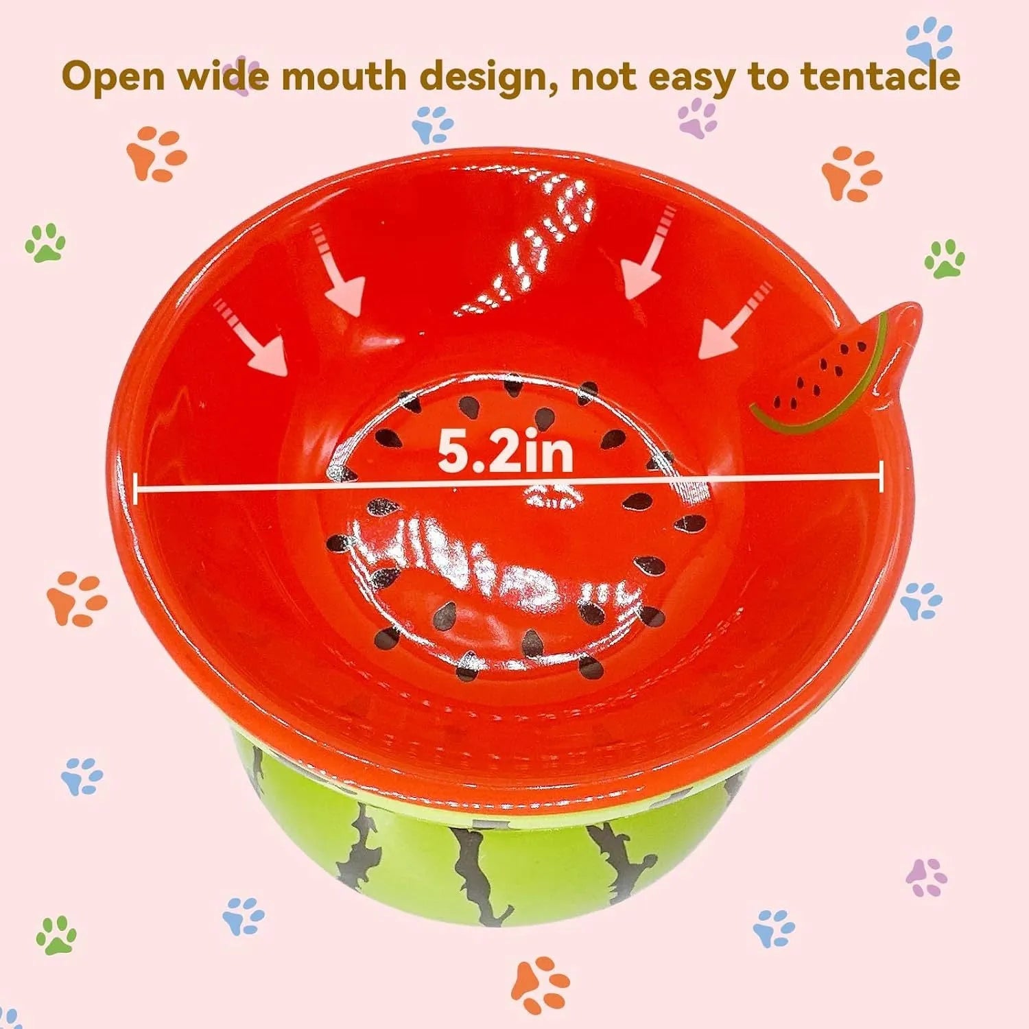 Ceramic raised cat food bowl with tilted design in a colourful pattern, showing slip-resistant base.