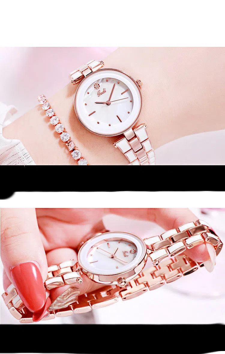 Ladies quartz watch with white dial, rose gold tone, 30mm round alloy case, and steel strap