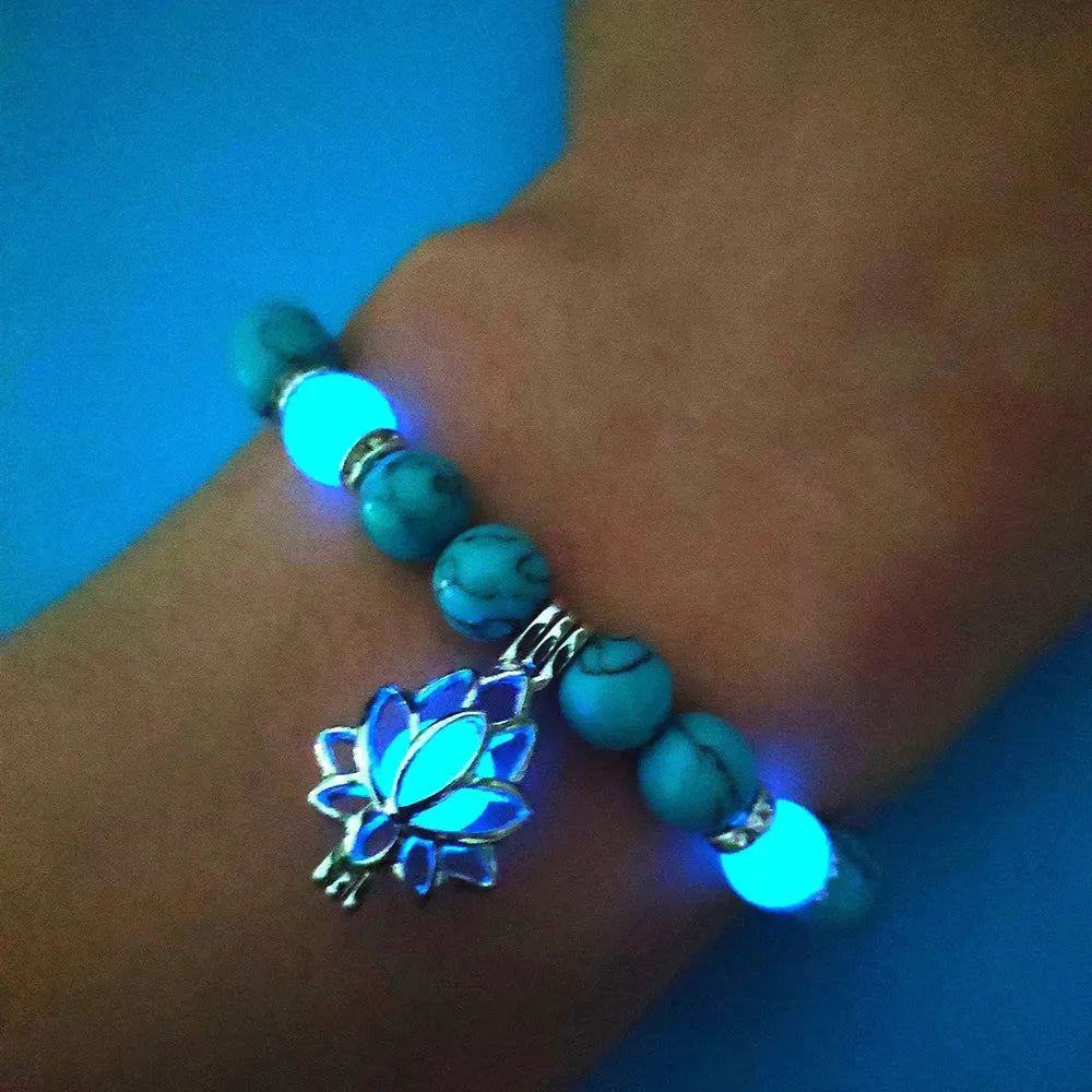 Luminous lotus natural stone bracelet with turquoise glow beads on elastic rope