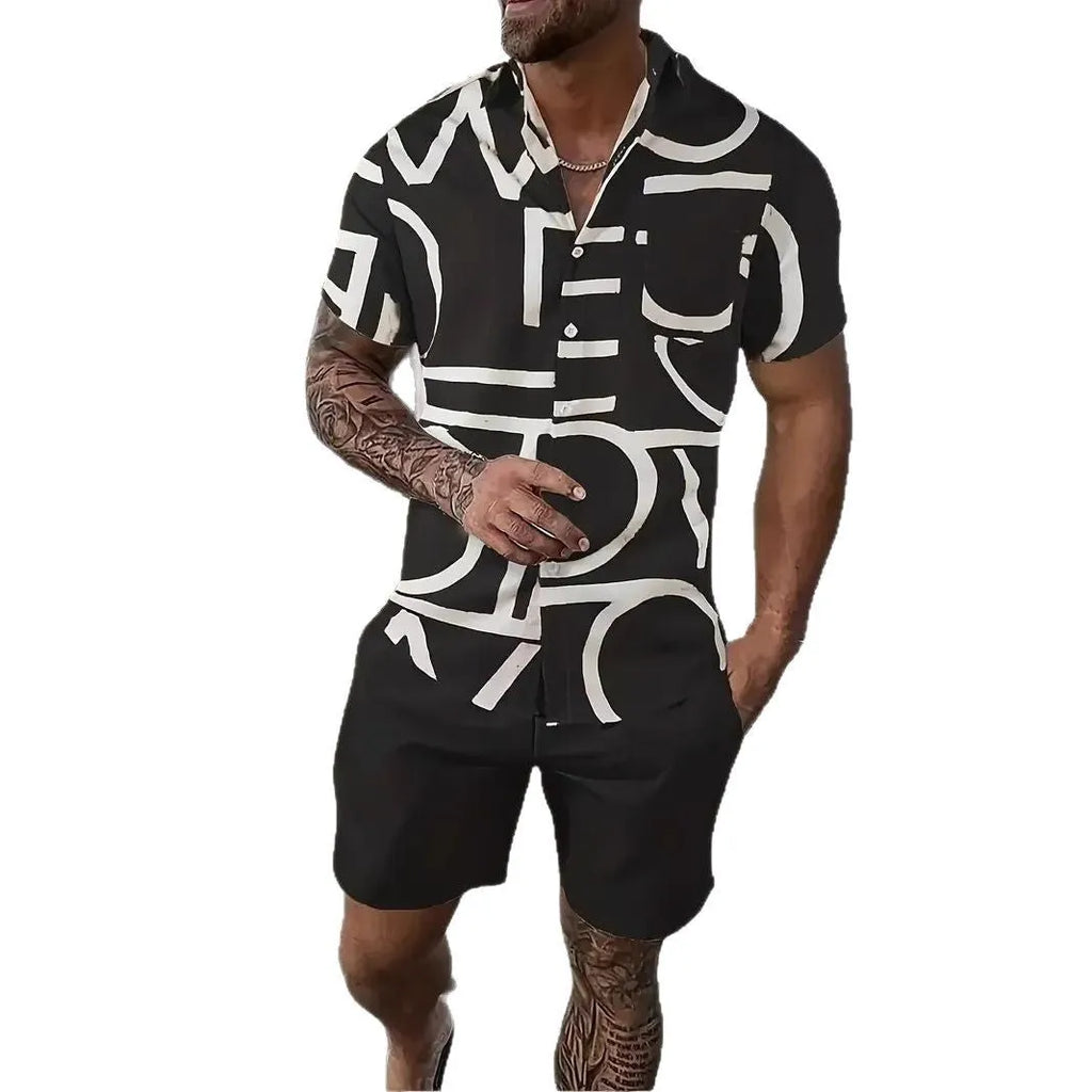 Men's Hawaii 3D printed short sleeve suit with matching shorts in polyester fabric