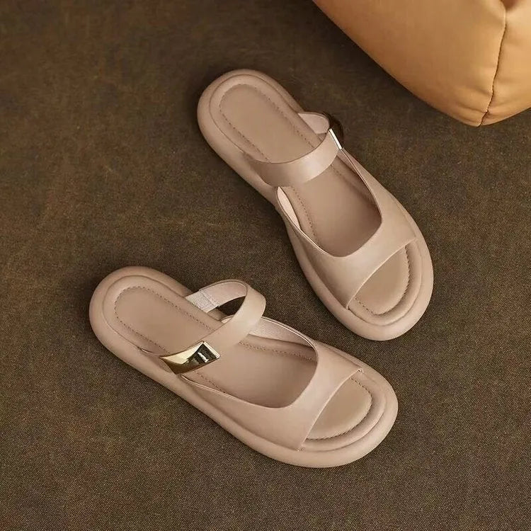 Apricot and white casual leather peep toe flat sandals with a rubber sole platform