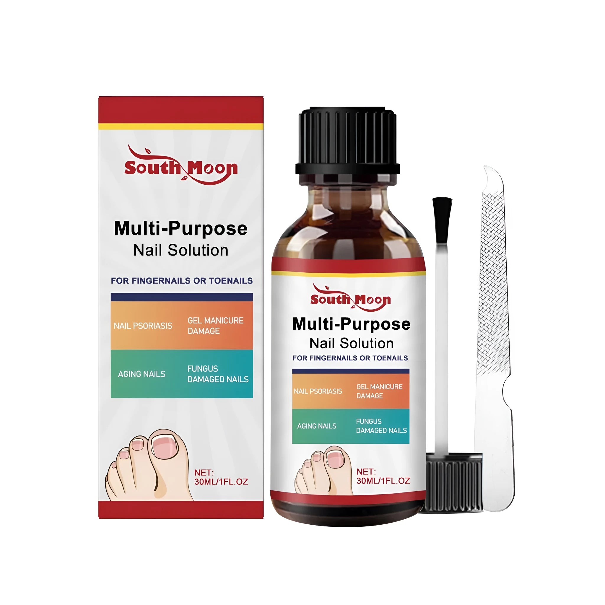 30ml nail care solution bottle with tea tree oil and botanical extracts alongside included nail file