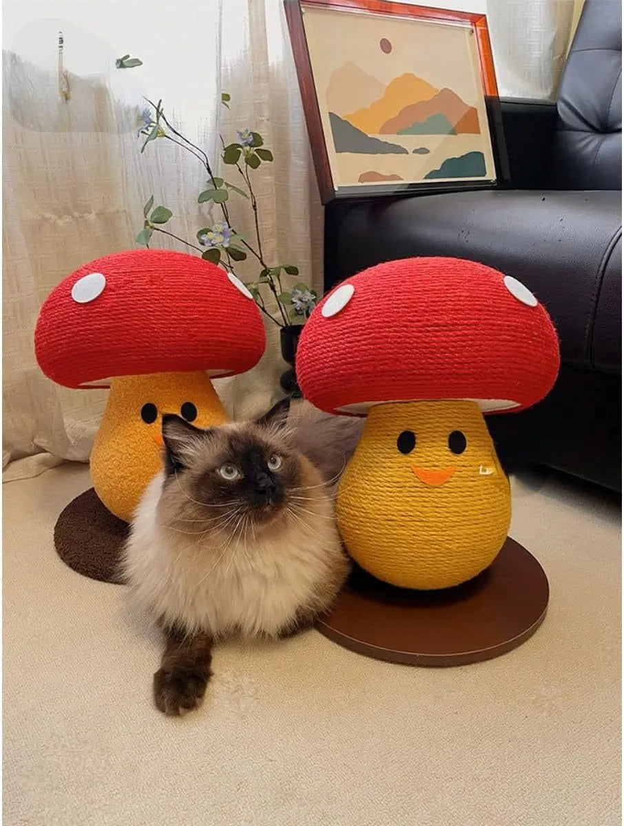 A round, mushroom-shaped foldable cat scratcher lounge board made from corrugated cardboard.