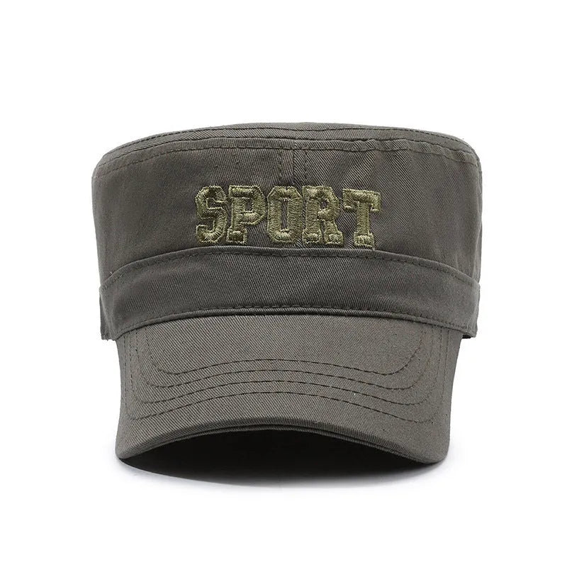 Men's adjustable cotton peaked cap with flat-top dome crown in army green colour showing English letter detailing