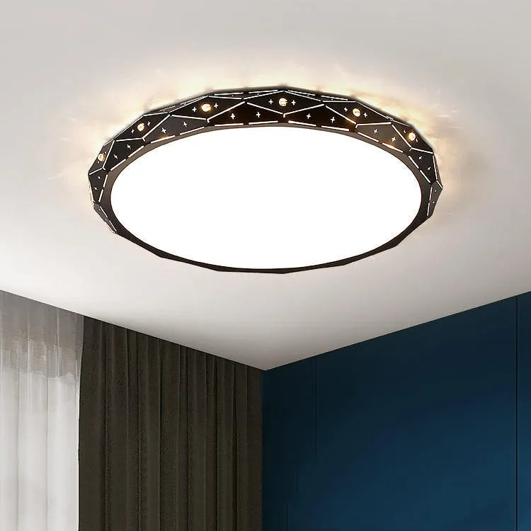 Round LED ceiling light with black iron frame and dimmable function for room illumination.