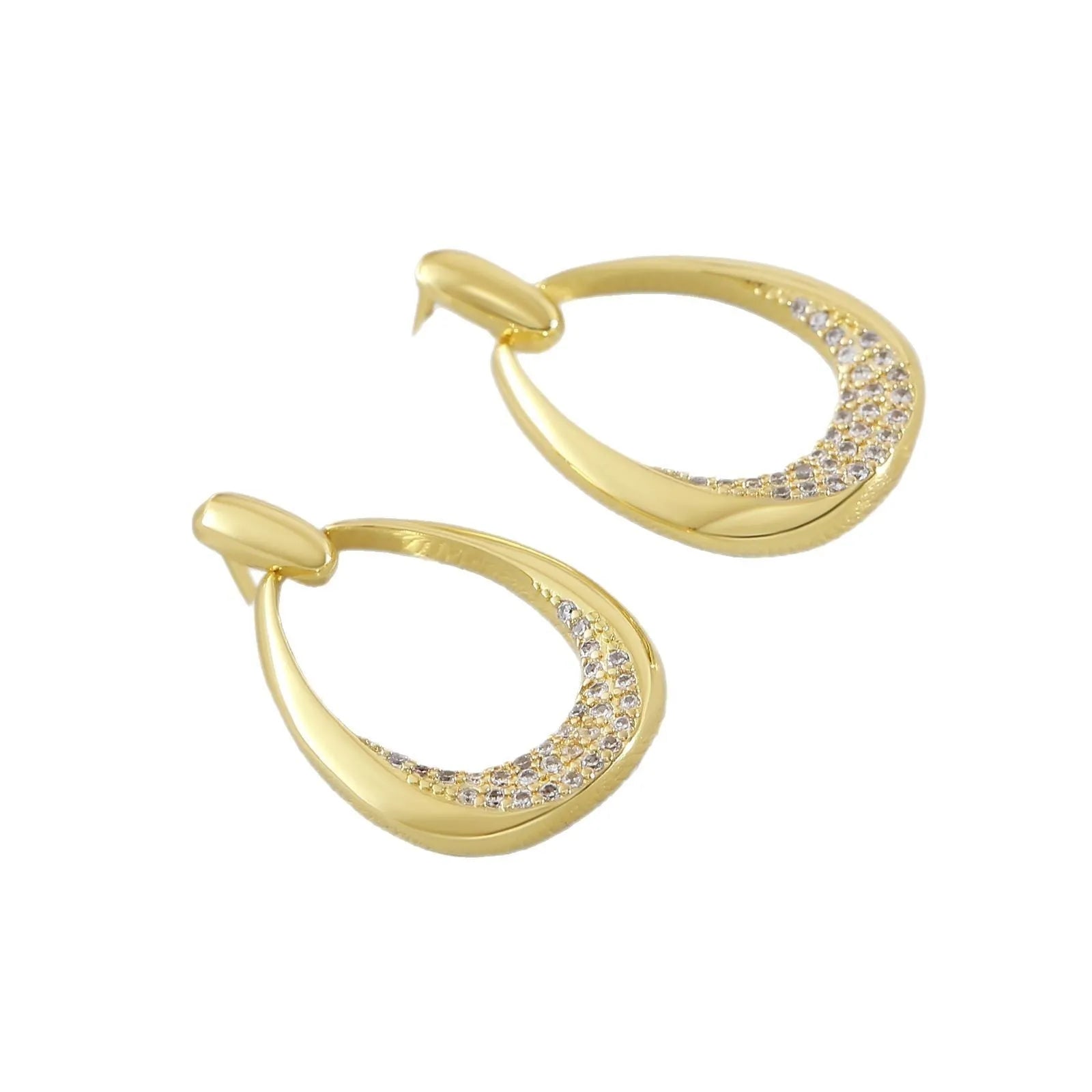 Yellow gold geometric drop earrings with zircon detailing, 2.6cm copper earrings with colour retention electroplating