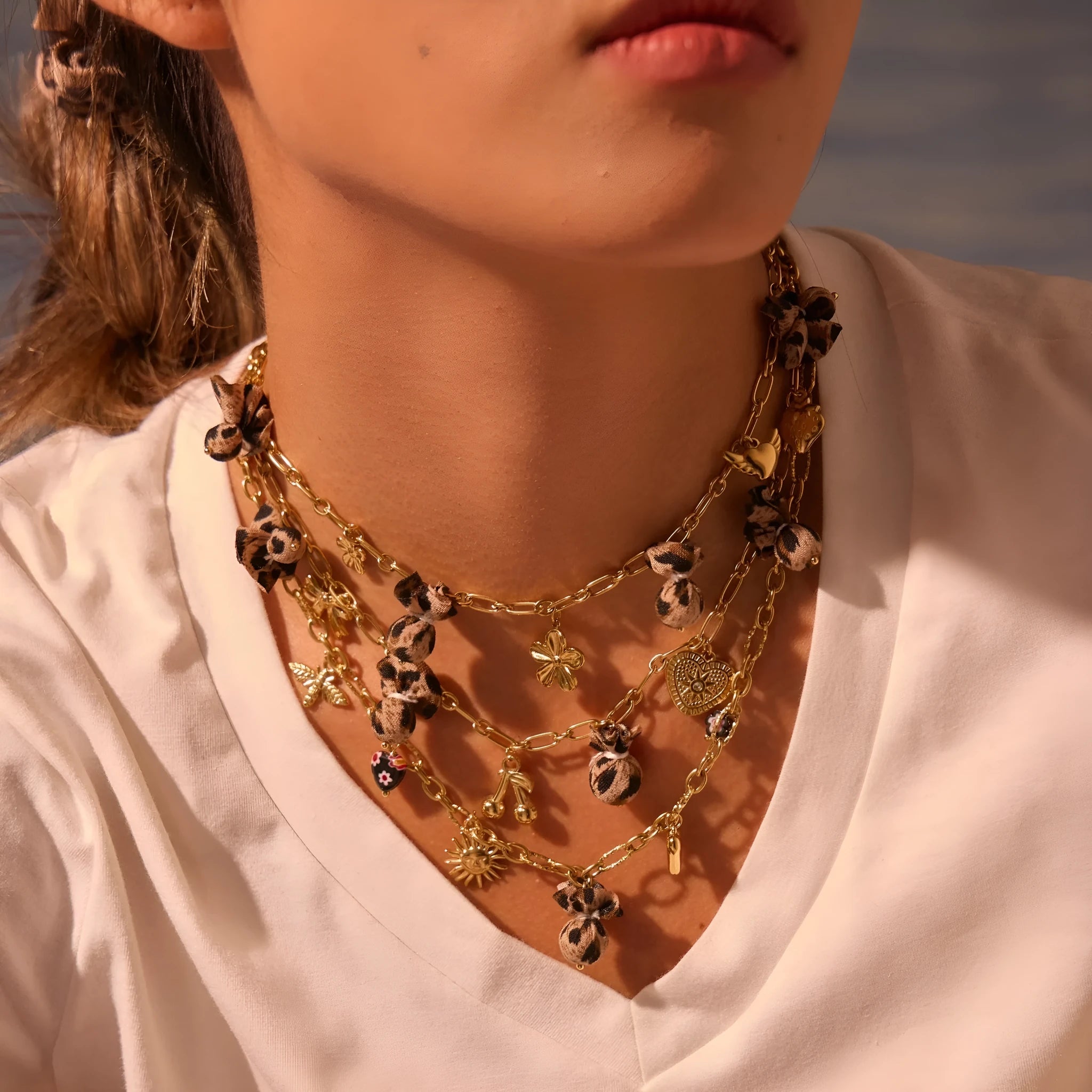 Stainless steel necklace with leopard, heart and flower pendant on adjustable chain