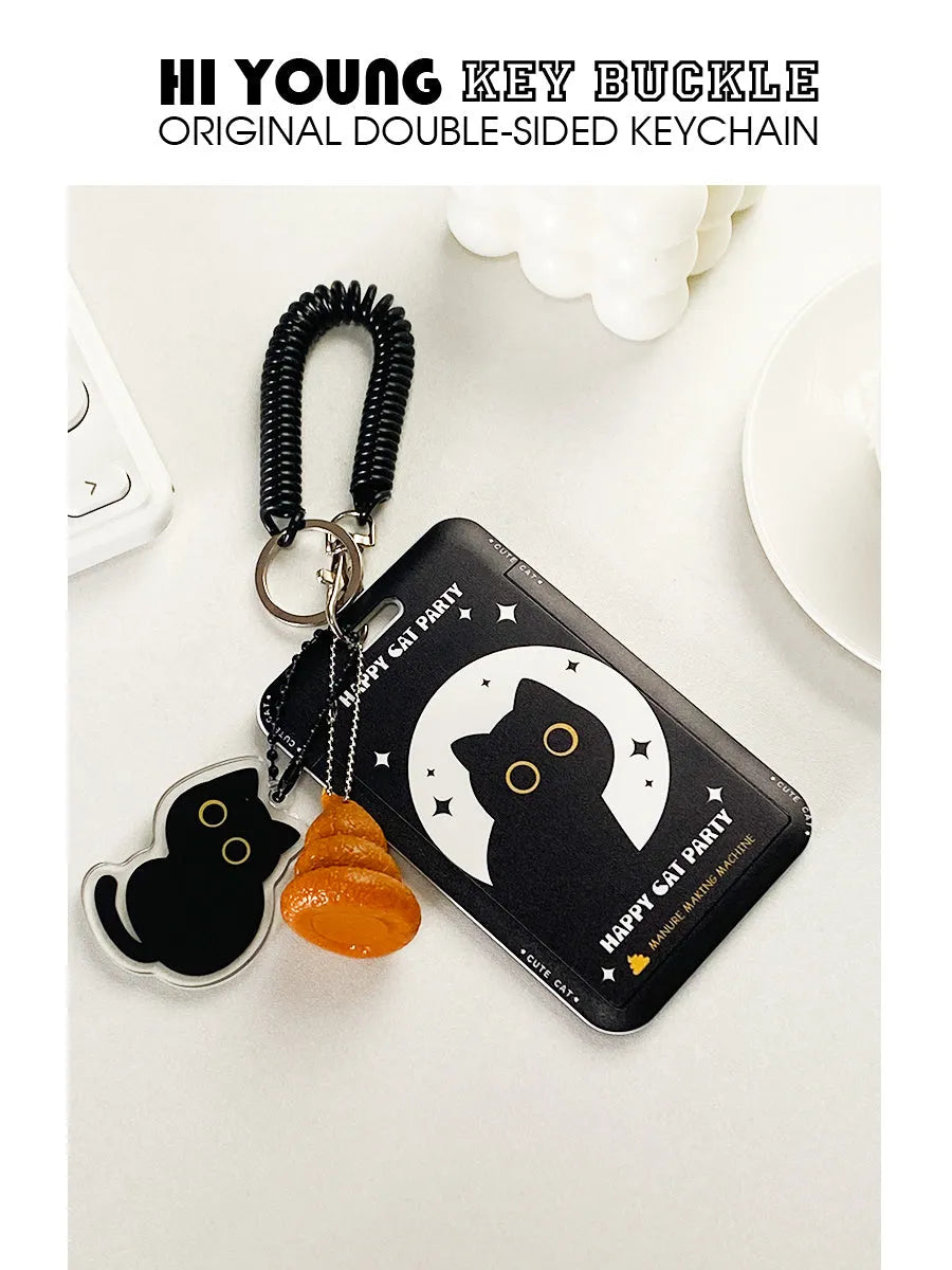 Cartoon little black cat design plastic card sleeve holder with ferrule pendant