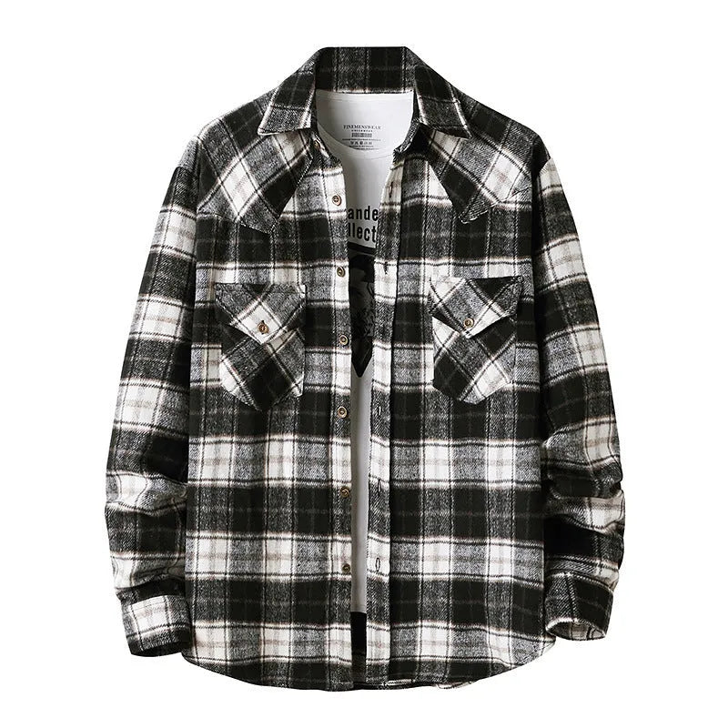 Men's long sleeve flannel plaid shirt jacket with corduroy contrast design on cuffs and collar, black colour
