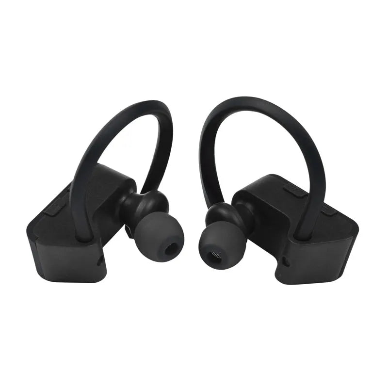 Black wireless Bluetooth in-ear headphones with ergonomic design and silicone ear tips.