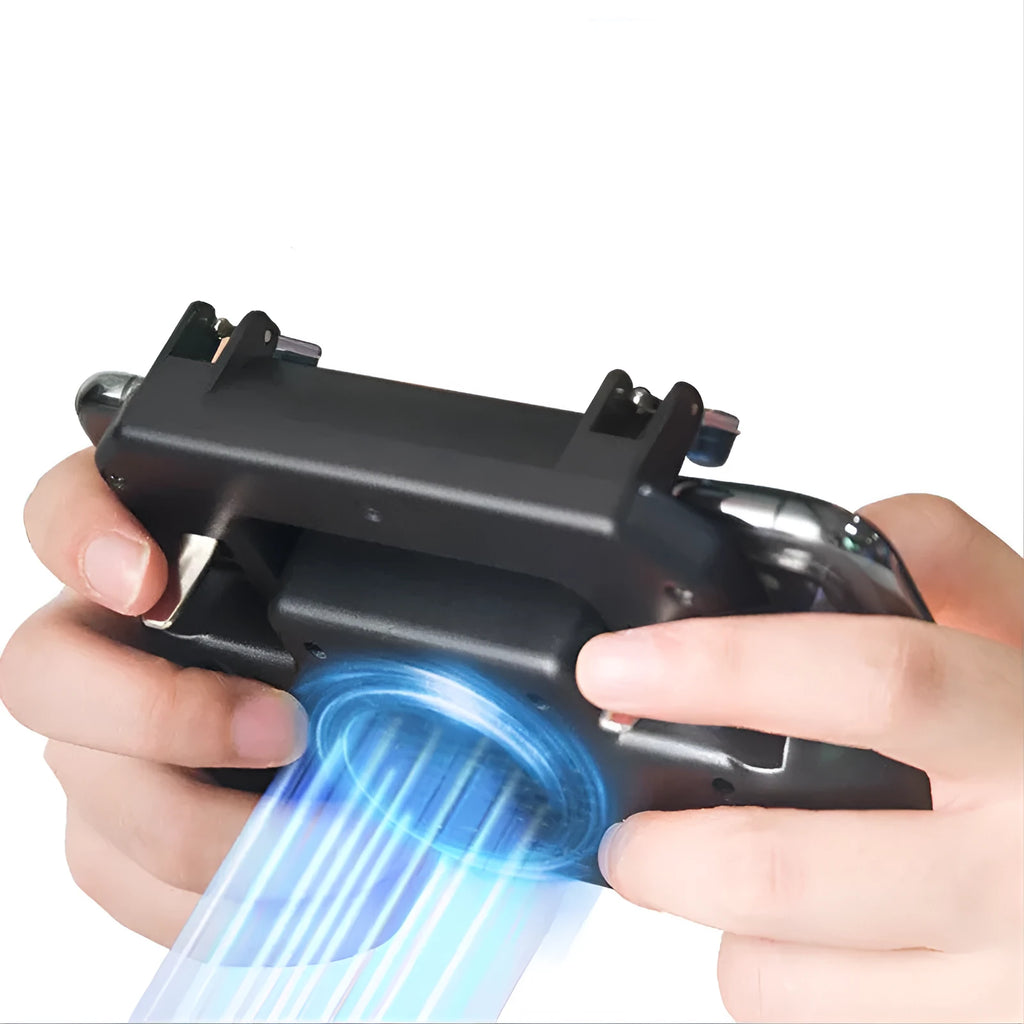 Black mobile game controller with aluminium alloy frame and USB cable for smartphones.