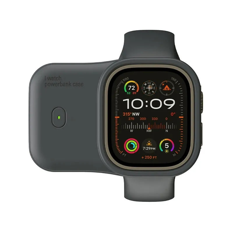 Apple Watch portable charging case with silicone cover in brown, midnight blue or starlight colours