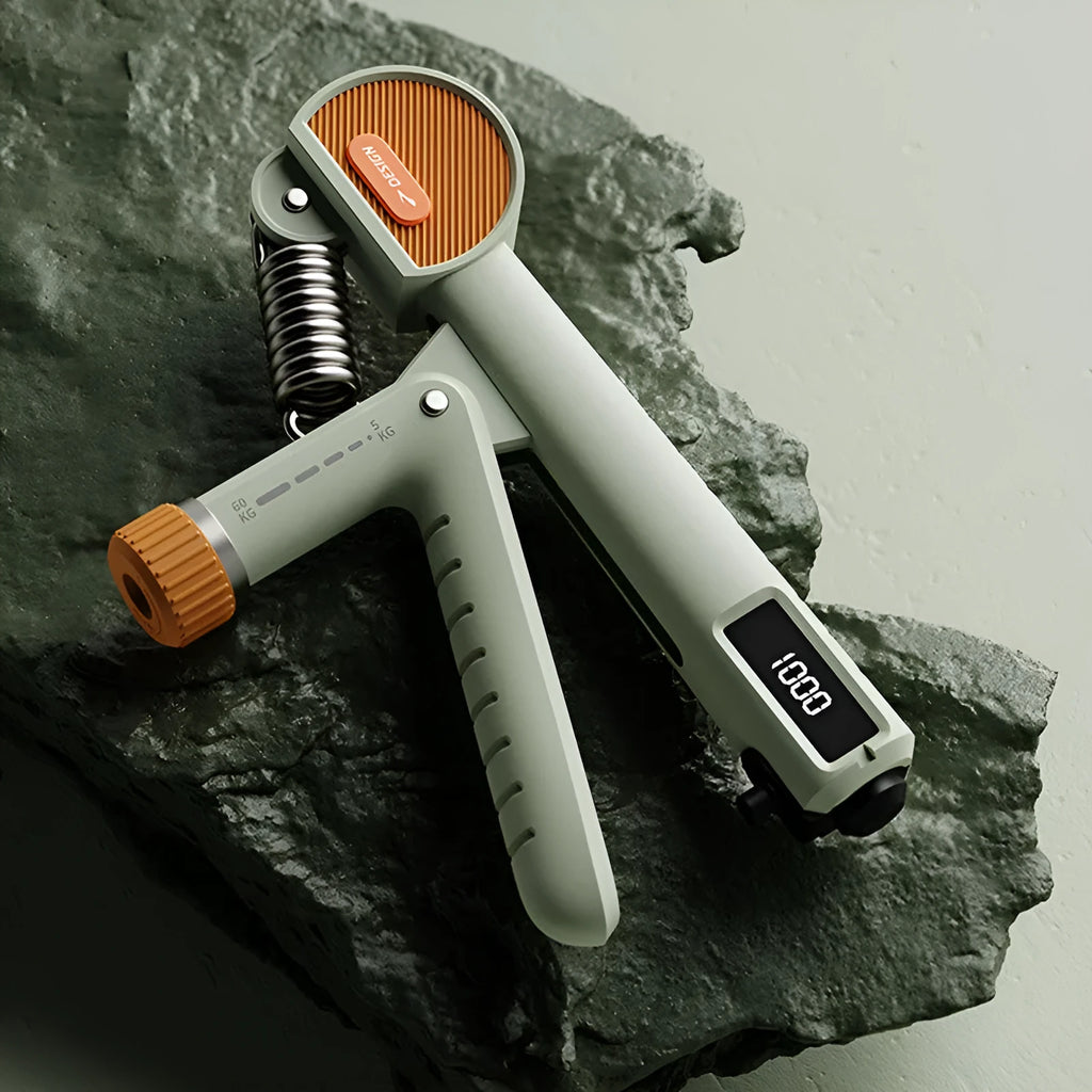 Adjustable spring hand grip strengthener in ABS plastic, shown in three colour options