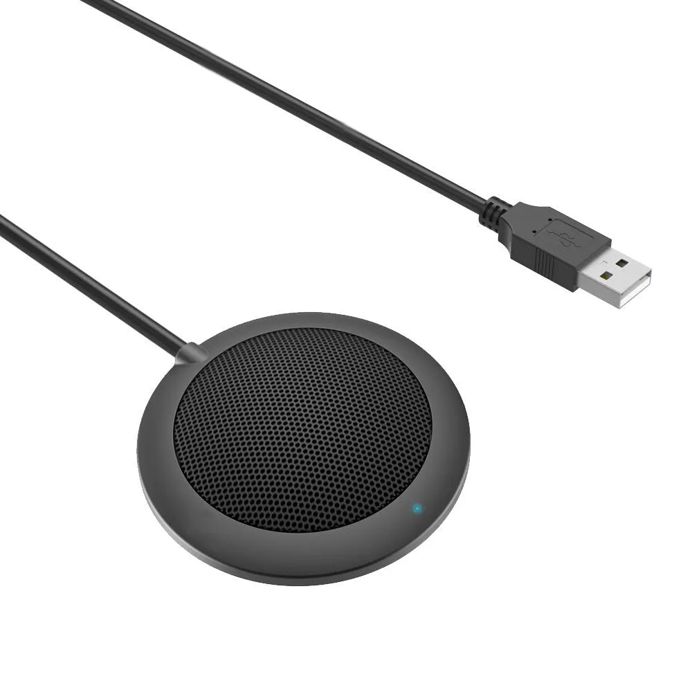 Black USB conference microphone with zinc alloy shell and metal mesh cover for 360-degree omnidirectional pickup